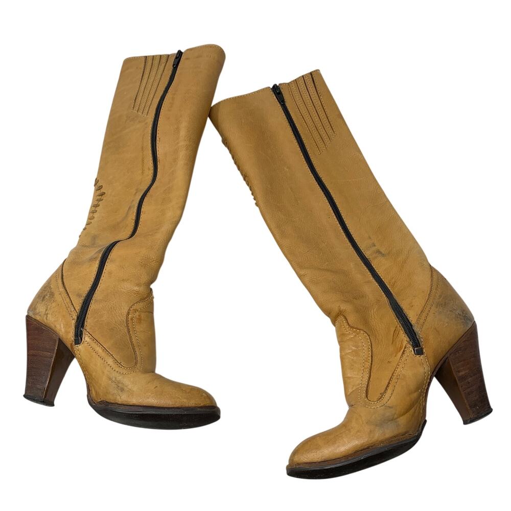 Vintage 70s The Wild Pair Leather Boots Womens 6.5 B Tan Western Boho Tall - Picture 3 of 10